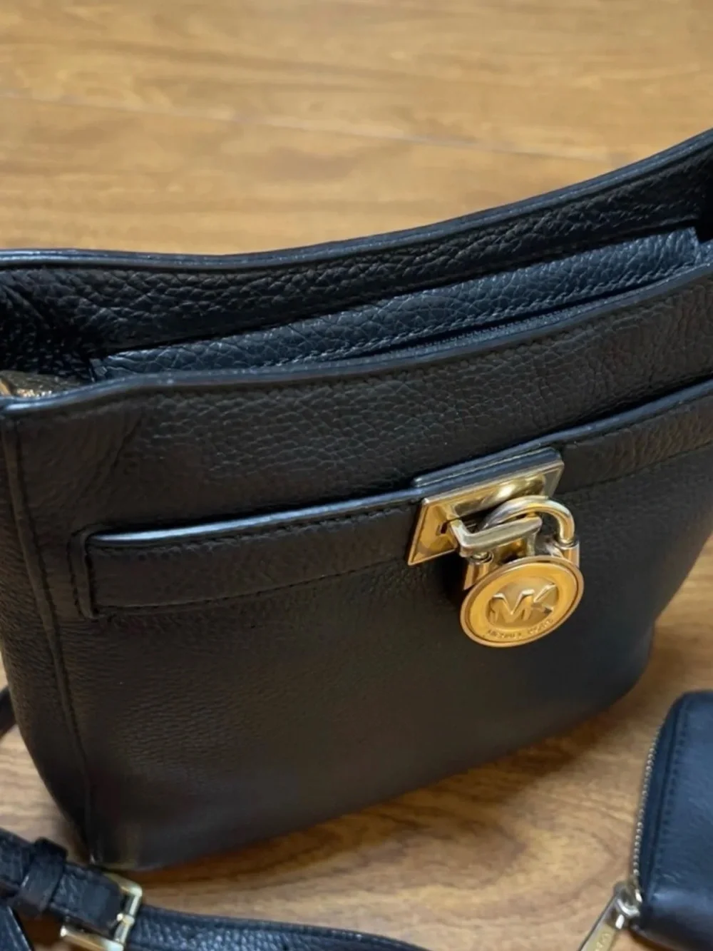 Michael Kors Black Leather Crossbody with Gold MK Lock